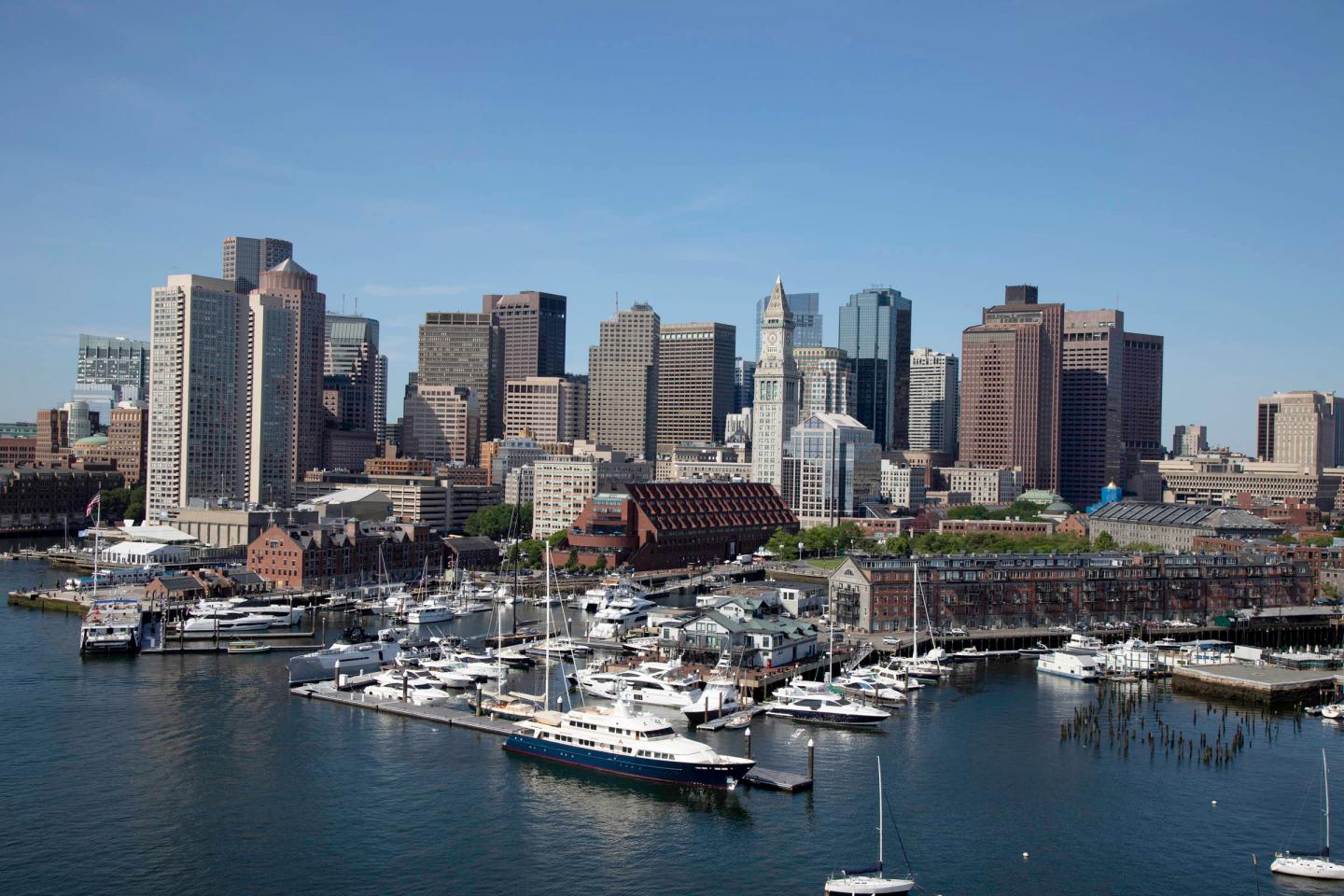 Marina in-front of city buildings